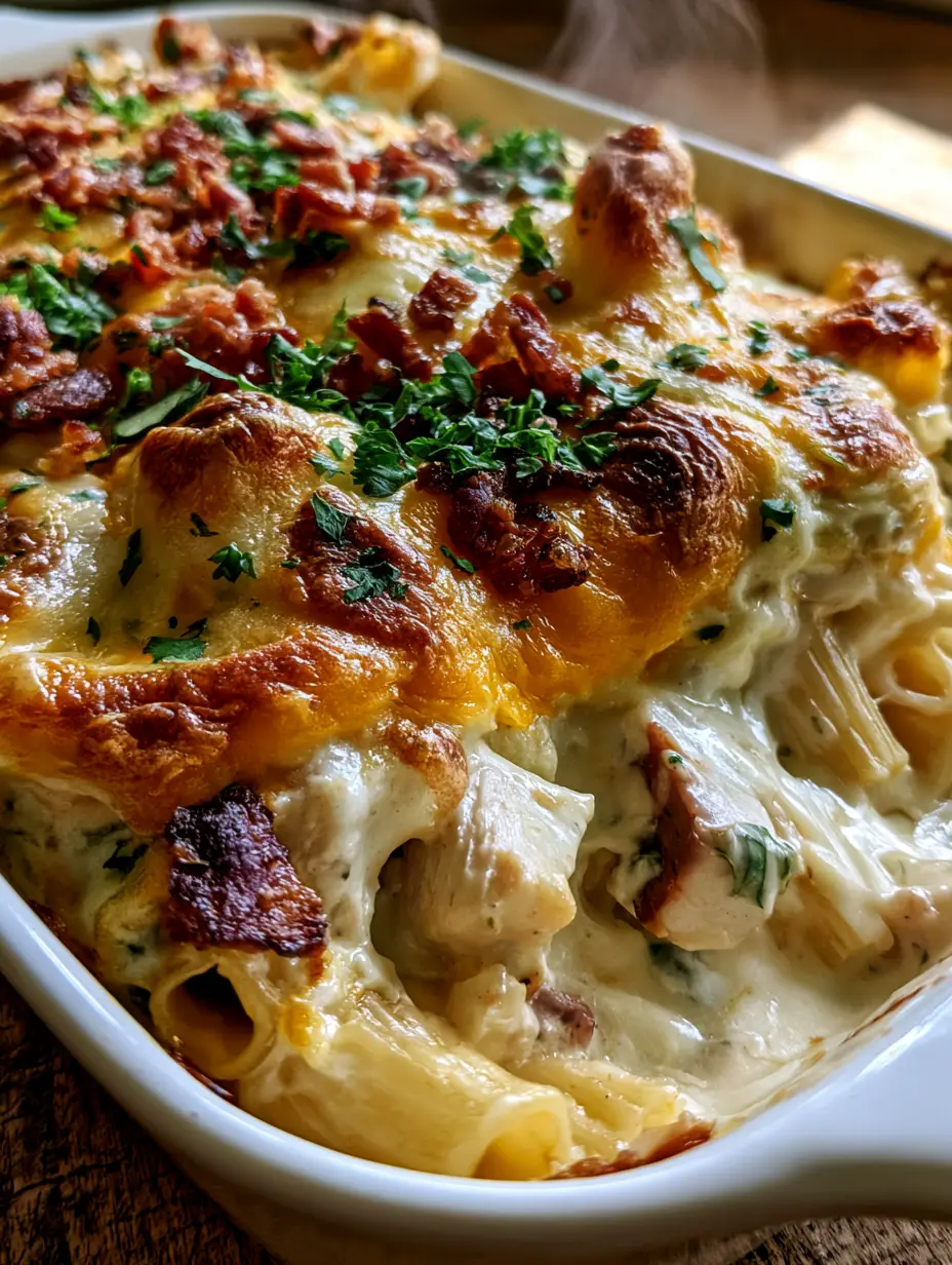 Vista cenital detallada de la cazuela fantástica mostrando el queso gratinado y el tocino crujiente.