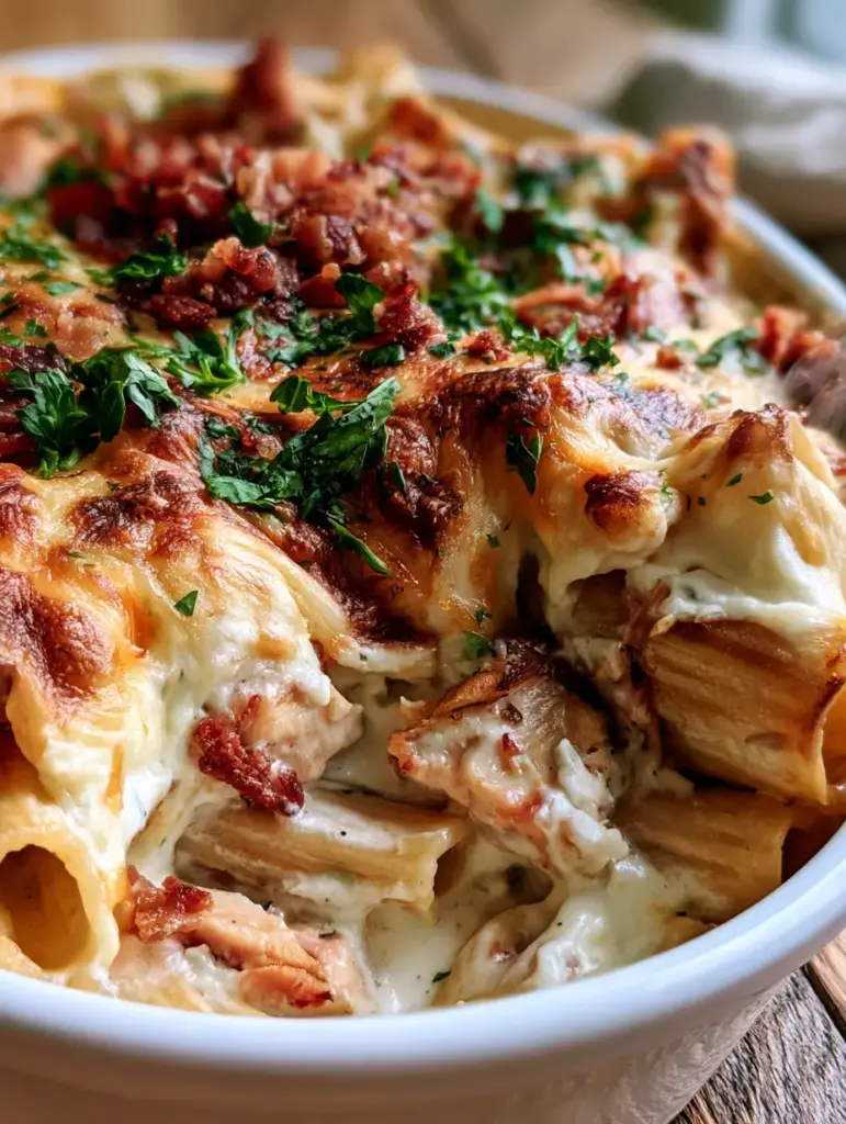 Corte de la cazuela fantástica revelando las capas de pollo, rigatoni y salsa blanca.