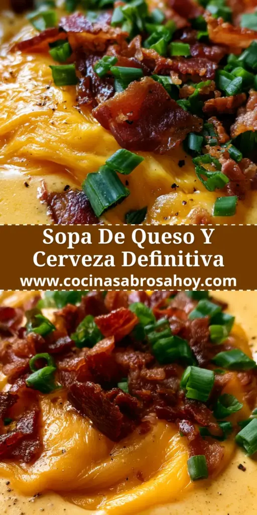 Primer plano de un tazón rústico de sopa queso y cerveza con tocino crujiente y cebollino.