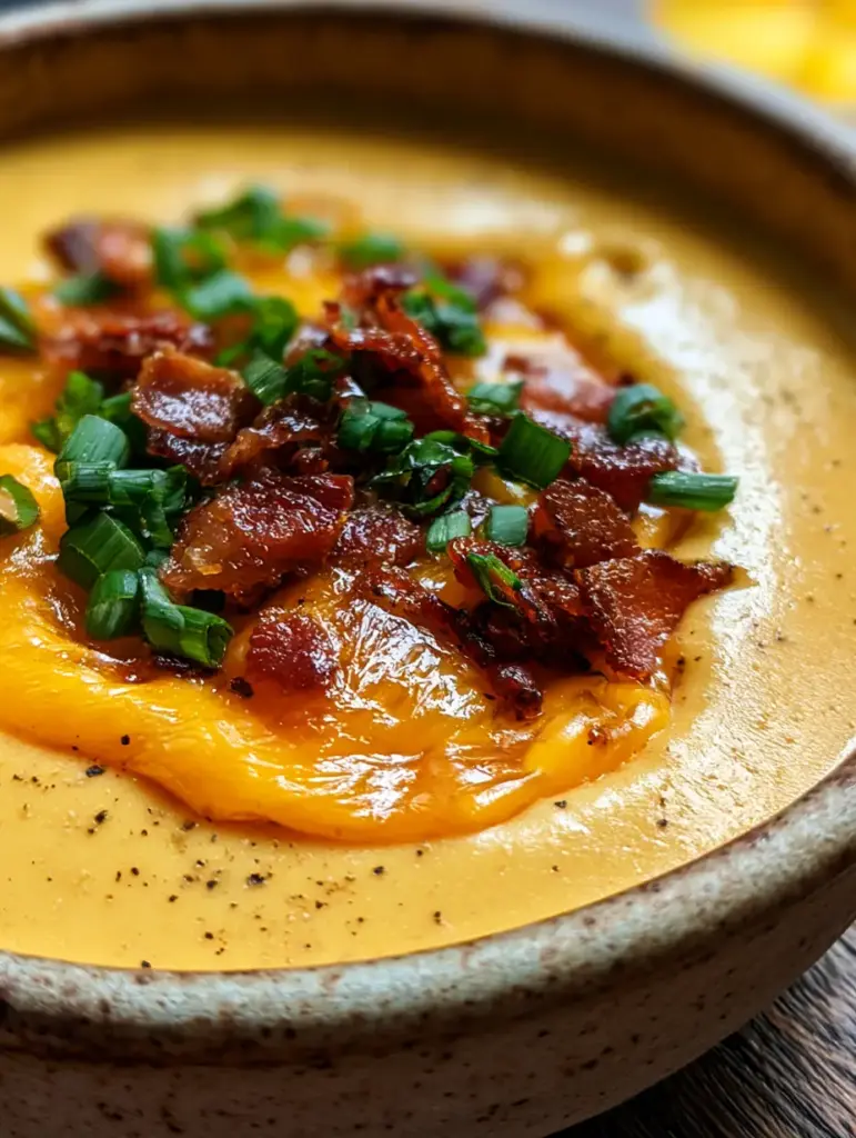 Cuchara sumergida en sopa queso y cerveza mostrando la densidad y los trozos de tocino.
