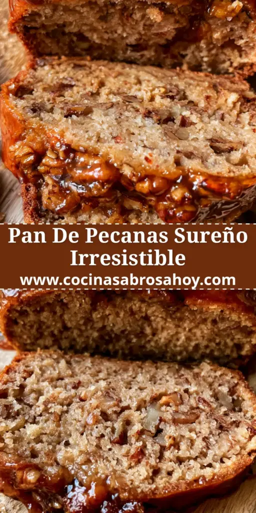 Primer plano de una rebanada de pan de pecanas recién horneado con vapor sutil y glaseado brillante sobre una mesa de madera rústica.