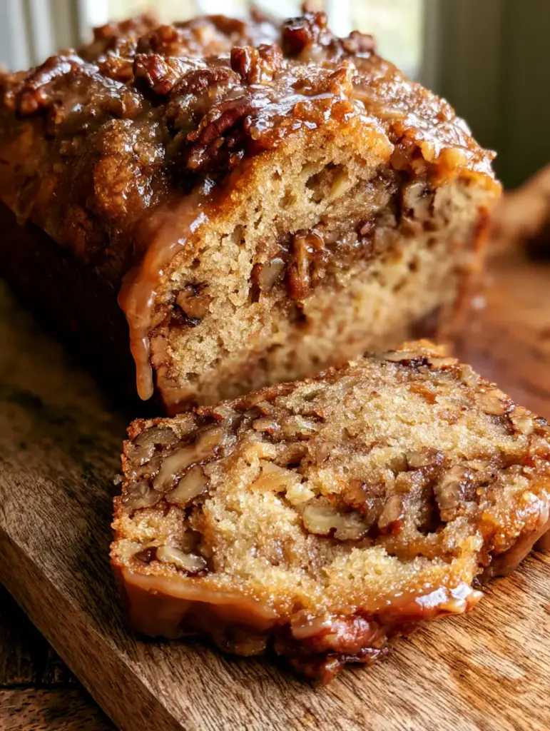 Corte transversal de pan de pecanas mostrando la humedad interna y la distribución de las nueces.
