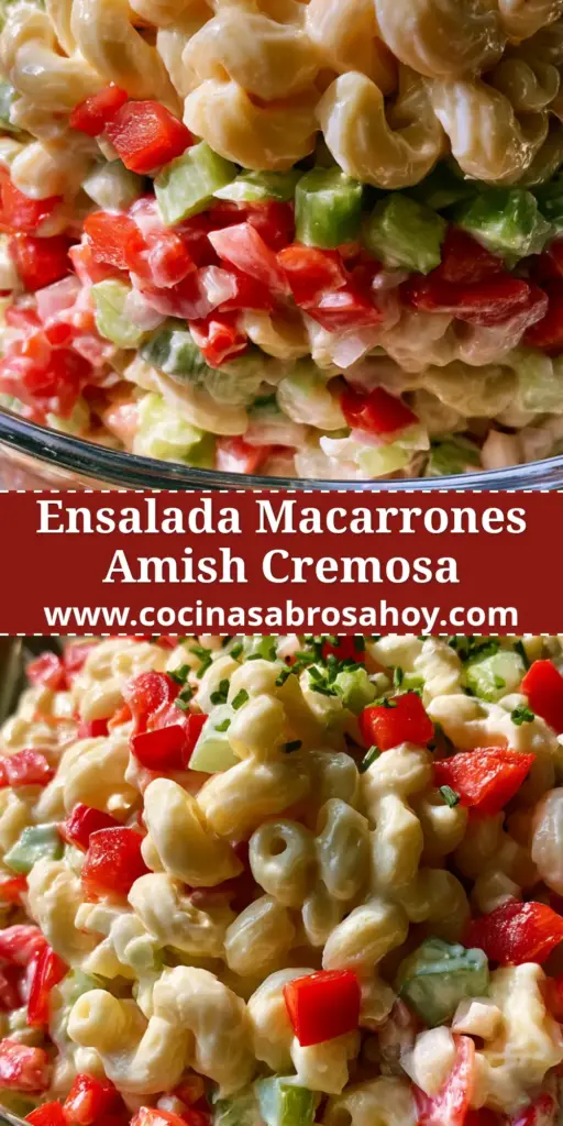 Primer plano de ensalada de macarrones estilo Amish en un bol de vidrio con aderezo cremoso y pimientos rojos.