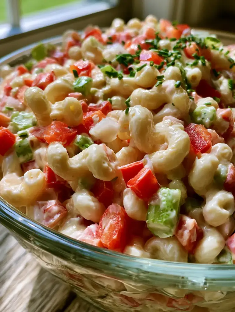 Detalle de los coditos de pasta cubiertos de aderezo blanco brillante en una ensalada de macarrones.