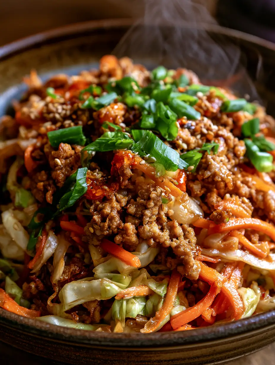 Detalle de los ingredientes de un rollito de huevo en tazón mostrando la textura de la carne y los vegetales.