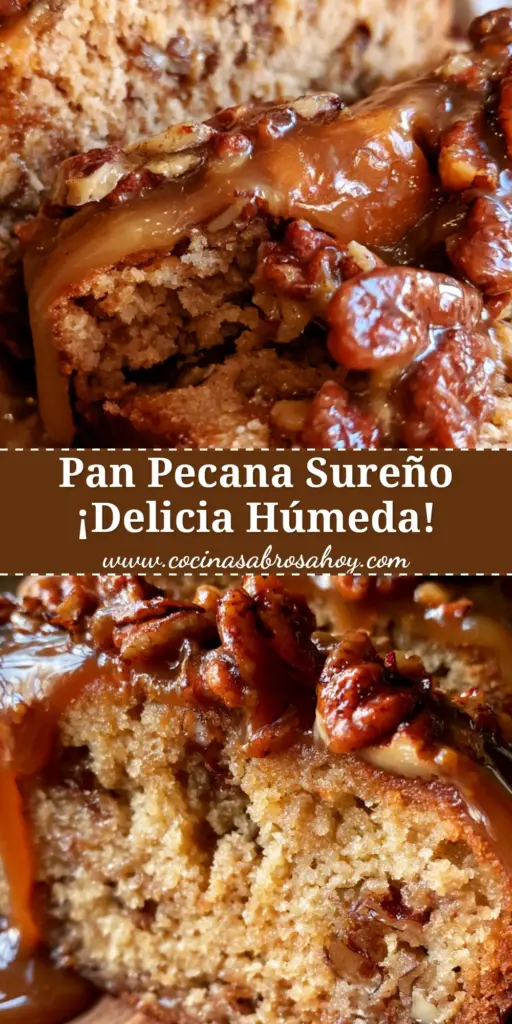 Primer plano de una rebanada de pan de nuez con glaseado de caramelo brillante y nueces enteras encima sobre una tabla de madera.