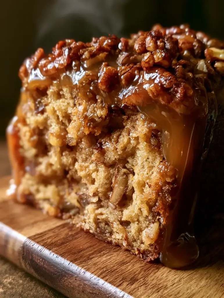 Pan de nuez entero con glaseado de caramelo espeso y mitades de nueces dispuestas simétricamente bajo luz natural.