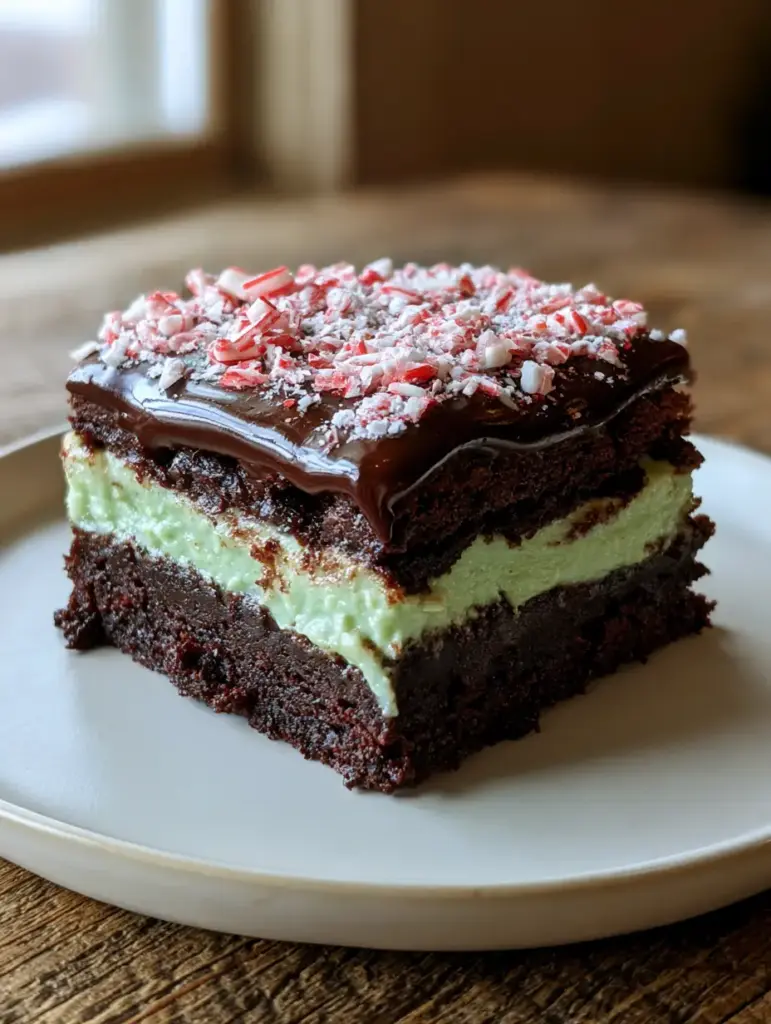 Detalle de la decoración con bastones de caramelo y sal marina sobre brownies de menta.