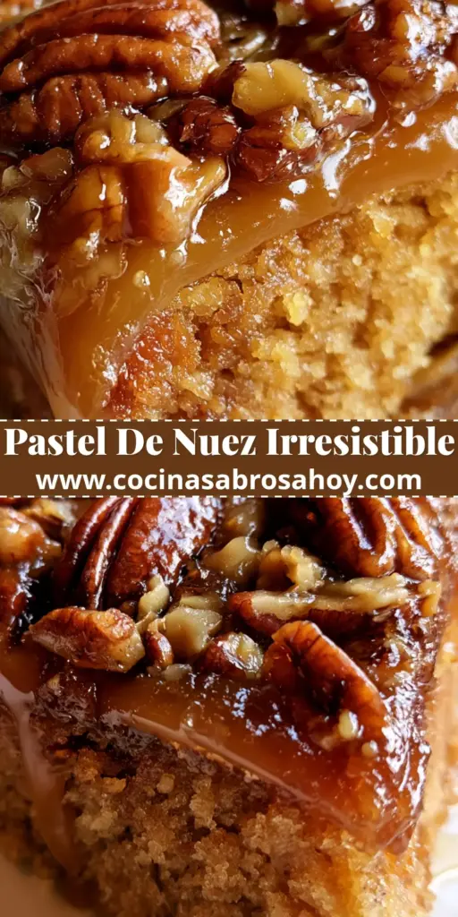 Primer plano de una rebanada de pastel volteado de nuez con glaseado brillante y nueces pecán enteras sobre un fondo rústico.