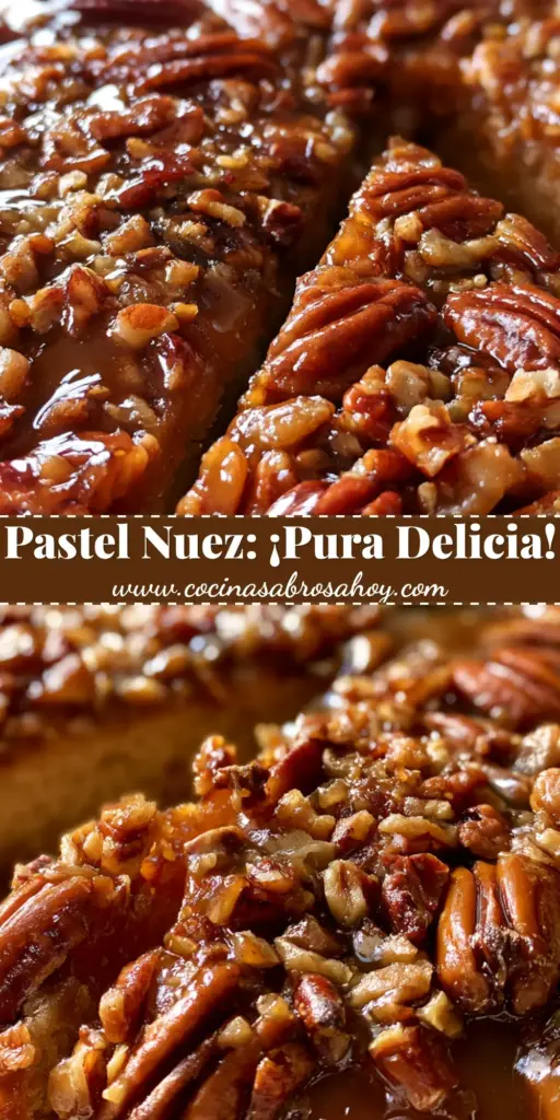 Primer plano de un pastel volteado de nuez recién horneado sobre una tabla de madera rústica, destacando el glaseado brillante de caramelo y las nueces pecanas.