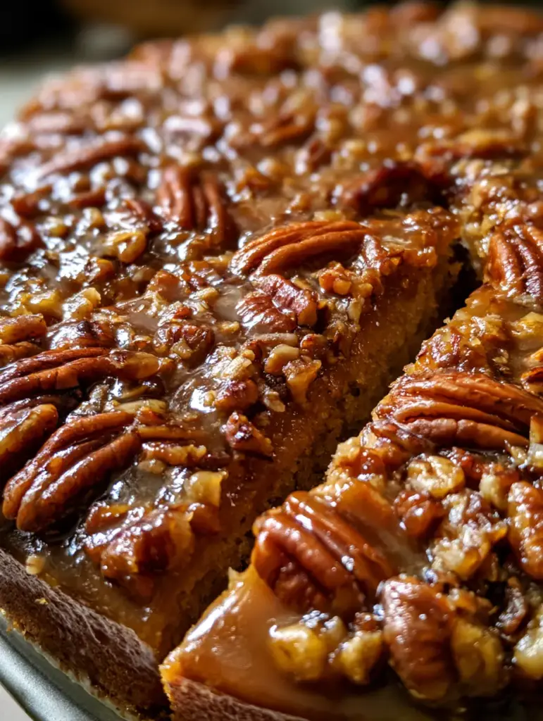 Una rebanada siendo levantada de un pastel volteado de nuez, revelando una miga tierna y húmeda.