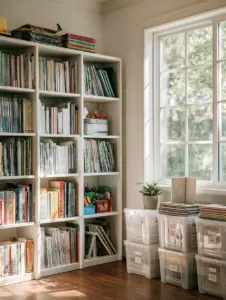 Estantería moderna y minimalista mostrando una organización perfecta de libros escolares y carpetas de colores. (organizar homeschool)