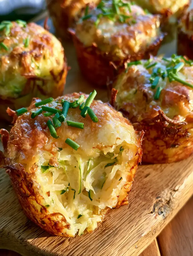 Vista superior de varios muffins de calabacín dorados con capas visibles de vegetales.