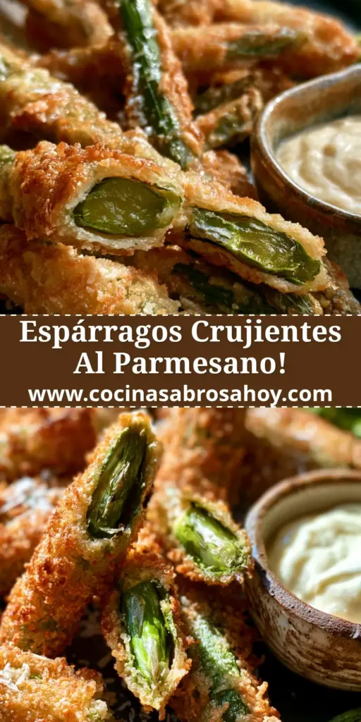 Primer plano cenital de espárragos al parmesano crujientes sobre tabla de madera rústica con salsa marinara y queso parmesano al lado.